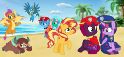 Size: 2340x1080 | Tagged: safe, artist:徐詩珮, fizzlepop berrytwist, gallus, glitter drops, smolder, spring rain, sunset shimmer, tempest shadow, twilight sparkle, twilight sparkle (alicorn), yona, alicorn, dragon, griffon, pony, unicorn, yak, series:sprglitemplight diary, series:sprglitemplight life jacket days, series:springshadowdrops diary, series:springshadowdrops life jacket days, alternate universe, bisexual, broken horn, chase (paw patrol), clothes, cute, dragoness, female, gallabetes, glitterbetes, glitterlight, glittershadow, horn, lesbian, lifeguard, lifeguard spring rain, male, mare, marshall (paw patrol), paw patrol, polyamory, shipping, skye (paw patrol), smolderbetes, sprglitemplight, springbetes, springdrops, springlight, springshadow, springshadowdrops, tempestbetes, tempestlight, zuma (paw patrol)