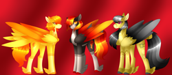 Size: 5368x2366 | Tagged: safe, artist:clay-bae, derpibooru import, daring do, spitfire, oc, oc:bonfire, pegasus, daringfire, feathered fetlocks, magical lesbian spawn, offspring, parent:daring do, parent:spitfire, parents:daringfire, tail feathers, two toned wings, wings