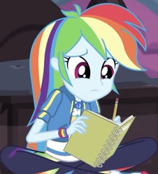 Size: 655x723 | Tagged: safe, derpibooru import, screencap, rainbow dash, better together, equestria girls, the finals countdown, cropped, cute, dashabetes, geode of super speed, magical geodes, notebook, pencil, solo