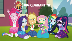 Size: 1280x720 | Tagged: safe, edit, edited screencap, screencap, applejack, fluttershy, pinkie pie, rainbow dash, rarity, sci-twi, spike, spike the regular dog, sunset shimmer, twilight sparkle, dog, better together, equestria girls, forgotten friendship, coronavirus, covid-19, humane five, humane seven, humane six, quarantine