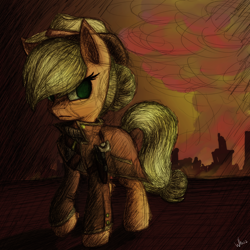 Size: 3000x3000 | Tagged: safe, artist:whazzam95, applejack, earth pony, pony, fallout equestria, alternate universe, clothes, cowboy hat, fanfic, fanfic art, female, hat, hooves, mare, ministry mares, ministry of wartime technology, solo