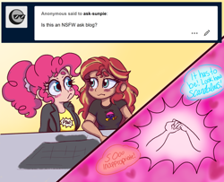 Size: 1280x1040 | Tagged: safe, artist:ask-sunpie, artist:wimsie, pinkie pie, sunset shimmer, human, ask, bisexual pride flag, blushing, clothes, dialogue, female, heart, holding hands, humanized, jacket, lesbian, ponytail, pride, pride flag, shipping, shirt, sunsetpie, tumblr:ask sunpie