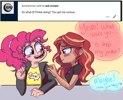 Size: 1280x1040 | Tagged: safe, artist:ask-sunpie, artist:wimsie, pinkie pie, sunset shimmer, human, pony, ask, bisexual pride flag, blushing, clothes, dialogue, female, humanized, jacket, lesbian, pride, pride flag, shipping, shirt, sunsetpie, tumblr:ask sunpie