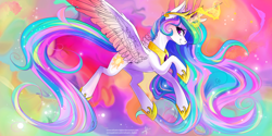 Size: 3464x1732 | Tagged: safe, artist:wilvarin-liadon, princess celestia, alicorn, pony, abstract background, blushing, color porn, colored wings, cute, female, flying, glowing horn, looking at you, magic, mare, smiling, solo, spread wings, wings