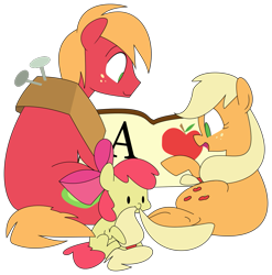 Size: 1033x1044 | Tagged: safe, artist:egophiliac, artist:taneoftner, apple bloom, applejack, big macintosh, earth pony, pony, apple siblings, baby apple bloom, book, male, nom, simple background, stallion, tail bite, transparent background, trio, vector