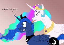 Size: 1200x848 | Tagged: safe, artist:wolfman-al, princess celestia, princess luna, alicorn, pony, descriptive noise, female, gradient background, horse noises, licking, simple background, surprised, tongue out