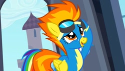 Size: 1280x720 | Tagged: safe, derpibooru import, screencap, spitfire, pegasus, rarity investigates, clothes, female, flying, goggles, solo, uniform, wonderbolts, wonderbolts uniform