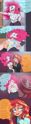 Size: 1280x5008 | Tagged: safe, artist:ask-sunpie, artist:wimsie, pinkie pie, sunset shimmer, human, bags under eyes, clothes, comic, dialogue, female, humanized, jacket, lesbian, pants, rubber duck, shipping, shirt, sunsetpie, sweat, sweatdrop, tumblr:ask sunpie, video game