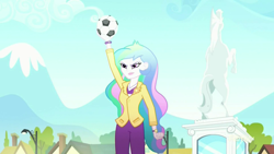 Size: 1920x1080 | Tagged: safe, screencap, princess celestia, principal celestia, eqg summertime shorts, equestria girls, subs rock, angry, ball, football, horse statue, portal, solo, statue