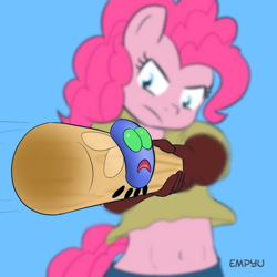 Size: 1000x1000 | Tagged: safe, artist:empyu, pinkie pie, anthro, parasprite, baseball bat, belly button, midriff, solo