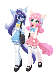 Size: 1200x1688 | Tagged: safe, artist:howxu, minuette, twinkleshine, anthro, belly button, clothes, commission, cute, duo, ear fluff, female, hair accessory, mary janes, midriff, miniskirt, moe, open mouth, pleated skirt, sailor uniform, school bag, shoes, short shirt, skirt, socks, stars, thigh highs, uniform, zettai ryouiki