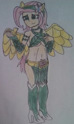 Size: 1385x2315 | Tagged: safe, artist:wolf, fluttershy, bird, human, belly button, element of kindness, elements of harmony, high heel boots, humanized, leaves, loincloth, midriff, solo, traditional art, warrior, winged humanization