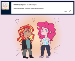 Size: 1280x1040 | Tagged: safe, artist:ask-sunpie, artist:wimsie, pinkie pie, sunset shimmer, human, ask, blouse, clothes, female, humanized, jacket, lesbian, pants, question mark, shipping, shirt, shoes, sunsetpie, text, tumblr:ask sunpie