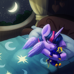 Size: 2000x2000 | Tagged: safe, artist:adailey, derpibooru import, twilight sparkle, twilight sparkle (alicorn), oc, oc:zephyr, alicorn, pony, canon x oc, female, mare, mascot, plushie, sleeping, solo, twiphyr