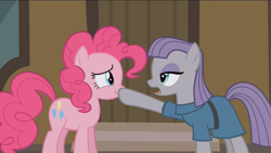 Size: 1280x722 | Tagged: safe, screencap, maud pie, pinkie pie, earth pony, pony, the gift of the maud pie, boop, scrunchy face