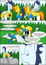 Size: 2480x3508 | Tagged: safe, artist:greeneyedmistress, derpibooru import, fire streak, soarin', spitfire, oc, pegasus, pony, comic:prelude to creation, clothes, comic, female, male, mare, stallion