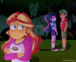 Size: 1280x1044 | Tagged: safe, artist:sunsetslight, sci-twi, sunset shimmer, timber spruce, twilight sparkle, equestria girls, legend of everfree, 2010s, 2019, blushing, camp shorts, cargo shorts, clothes, converse, crossed arms, denim shorts, eyes closed, female, forest, freckles, glasses, grass, green hair, hands in pockets, implied lesbian, implied scitwishimmer, implied shipping, jealous, male, multicolored hair, ponytail, sad, scrunchie, shipping, shirt, shoes, shorts, smiling, sneakers, socks, straight, t-shirt, timbertwi, tree, watermark