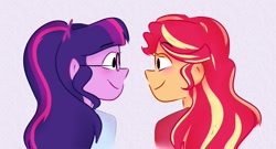 Size: 2000x1081 | Tagged: safe, artist:fuitgxmmy, artist:sunsetslight, sci-twi, sunset shimmer, twilight sparkle, equestria girls, clothes, female, glasses, lesbian, looking at each other, ponytail, scitwishimmer, shipping, shirt, simple background, smiling, sunsetsparkle, white background