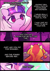 Size: 827x1165 | Tagged: safe, artist:burgeroise, princess celestia, sunset shimmer, twilight sparkle, twilight sparkle (alicorn), alicorn, pony, comic:dear princess celestia, comic, feather, hug, sunset, winghug