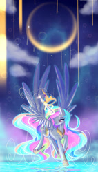 Size: 1024x1804 | Tagged: safe, artist:togeticisa, princess celestia, alicorn, pony, female, flying, glowing horn, magic, mare, reflection, solo, water