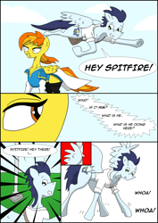 Size: 2480x3508 | Tagged: safe, artist:greeneyedmistress, derpibooru import, soarin', spitfire, pegasus, pony, comic:prelude to creation, clothes, comic, female, male, mare, stallion