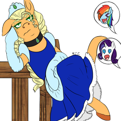 Size: 1500x1500 | Tagged: safe, artist:korencz11, derpibooru import, applejack, rainbow dash, rarity, earth pony, pegasus, pony, unicorn, and then there's rarity, applejack also dresses in style, atg 2019, chair, choker, clothes, dress, jewelry, lost bet, newbie artist training grounds, simple background, table, tiara, transparent background