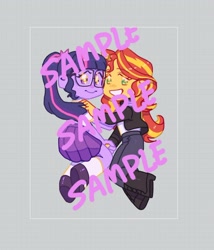 Size: 1384x1617 | Tagged: safe, artist:chapaghettii, sci-twi, sunset shimmer, twilight sparkle, equestria girls, blouse, boots, clothes, female, glasses, jacket, keychain, lesbian, ponytail, sample, scitwishimmer, shipping, shoes, skirt, sunsetsparkle