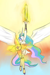 Size: 800x1200 | Tagged: safe, artist:project00wolfen, princess celestia, alicorn, anthro, armor, armpits, clothes, colored sketch, crown, jewelry, large wings, looking up, regalia, shield, spread wings, sword, weapon, wings