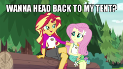 Size: 640x360 | Tagged: safe, edit, edited screencap, screencap, fluttershy, sunset shimmer, equestria girls, legend of everfree, camp everfree, camp everfree outfits, caption, clothes, image macro, implied lesbian, implied sunshyne, log, seductive look, shorts, text