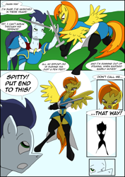 Size: 2480x3508 | Tagged: safe, artist:greeneyedmistress, derpibooru import, soarin', spitfire, pegasus, pony, comic:prelude to creation, clothes, comic, female, male, mare, stallion