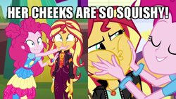 Size: 640x360 | Tagged: safe, edit, edited screencap, screencap, pinkie pie, sunset shimmer, better together, equestria girls, mirror magic, sunset's backstage pass!, spoiler:eqg specials, caption, cropped, cute, geode of empathy, geode of sugar bombs, image macro, magical geodes, shimmerbetes, squishy cheeks, text, zoomed