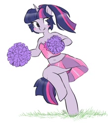 Size: 700x800 | Tagged: safe, artist:glacierclear, derpibooru import, twilight sparkle, anthro, unguligrade anthro, unicorn, belly button, blushing, cheerleader, clothes, female, happy, midriff, panties, simple background, skirt, smiling, solo, underwear, upskirt, white background