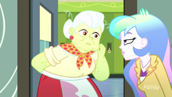 Size: 1280x720 | Tagged: safe, screencap, granny smith, princess celestia, principal celestia, eqg summertime shorts, equestria girls, subs rock, bun, celestia is not amused, clothes, ear piercing, earring, jewelry, lunchlady smith, not impressed, piercing, scarf, unamused
