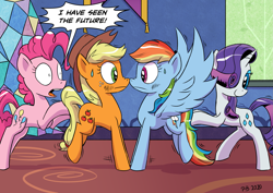 Size: 2047x1447 | Tagged: safe, artist:pony-berserker, derpibooru import, applejack, pinkie pie, rainbow dash, rarity, earth pony, pegasus, pony, unicorn, appledash, boop, female, forced shipping, i can't believe it's not idw, implied shipping, lesbian, looking at each other, noseboop, now kiss, reaction, shipper on deck, shipping, speech bubble