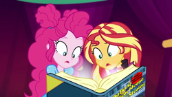 Size: 640x360 | Tagged: safe, edit, edited screencap, screencap, pinkie pie, sunset shimmer, better together, equestria girls, sunset's backstage pass!, book cover, cover, female, lesbian, shipping, the big book of lesbian horse stories