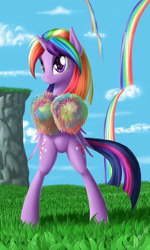 Size: 667x1111 | Tagged: safe, artist:zigword, derpibooru import, twilight sparkle, twilight sparkle (alicorn), alicorn, pony, alternate hairstyle, bedroom eyes, bipedal, cheerleader, cheerleader sparkle, female, grass, mare, pom pom, rainbow, rainbow hair, rainbow waterfall, smiling, solo