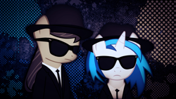 Size: 1920x1080 | Tagged: safe, artist:gen-jack-oneill, artist:justaninnocentpony, derpibooru import, dj pon-3, octavia melody, vinyl scratch, earth pony, pony, background pony, blues brothers, clothes, crossover, duo, hat, sunglasses, wallpaper