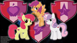 Size: 1280x720 | Tagged: safe, artist:darkmistrd, derpibooru import, apple bloom, scootaloo, sweetie belle, crusaders of the lost mark, cutie mark, cutie mark crusaders, the cmc's cutie marks, wallpaper, watermark