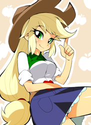 Size: 800x1099 | Tagged: dead source, safe, artist:karmirafox, applejack, equestria girls, beautiful, clothes, cowboy hat, cowgirl, cute, denim skirt, green eyes, hat, shirt, skirt, solo, stetson, yellow hair