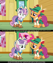 Size: 1280x1515 | Tagged: safe, edit, edited screencap, screencap, apple bloom, pinkie pie, rarity, scootaloo, sweetie belle, earth pony, pony, unicorn, on your marks, boots, clothes, cow belle, cowboy boots, cowboy hat, cutie mark crusaders, hat, lederhosen, new season curse, offscreen character, psyga's alternate pony scenes, shoes, stetson, text, yodeloo