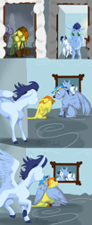 Size: 1659x4026 | Tagged: safe, artist:parrpitched, derpibooru import, high winds, soarin', spitfire, pegasus, pony, colt, crying, female, filly, hug, male, mare, rain, stallion, story included, winghug