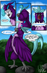 Size: 647x1000 | Tagged: safe, artist:spirit_dancer, rarity, bird, comic:a chilling reaction, equestria girls, articuno, beak, birdified, chest fluff, comic, eyes closed, hairclip, pain, pokémon, raricuno, solo, species swap, speech bubble, speech change, thought bubble, transformation, transformed