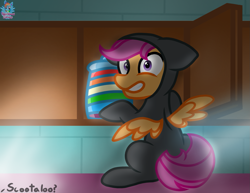 Size: 1573x1212 | Tagged: safe, artist:rainbow eevee, derpibooru import, rainbow dash, scootaloo, pegasus, pony, atg 2019, cabinet, catsuit, caught, clothes, cookie, cookie jar, dialogue, female, filly, food, midnight snack, newbie artist training grounds, night, offscreen character, siblings, sisters, sneaking, sneaky, spread wings, text, wings