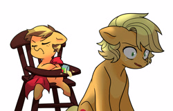 Size: 2500x1600 | Tagged: safe, artist:kianamai, applejack, oc, oc:golden delicious, earth pony, pony, alternate hairstyle, applesauce, dishonorapple, foal, hatless, highchair, kilalaverse, missing accessory, mommajack, next generation, offspring, older, parent:applejack, parent:caramel, parents:carajack, simple background, thousand yard stare, white background, younger