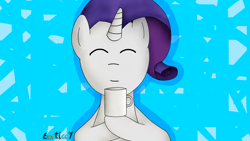 Size: 10000x5625 | Tagged: safe, artist:exxticcy, rarity, pony, unicorn, absurd resolution, bust, coffee, colored, drink, female, gradient background, happy, mare, mug, portrait, signature, signed, simple, solo