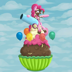 Size: 3500x3500 | Tagged: safe, artist:vanillaghosties, pinkie pie, earth pony, pony, balloon, food, ice cream, party cannon, ponies in food, solo