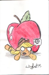 Size: 566x861 | Tagged: safe, artist:wingbeatpony, applejack, earth pony, pony, apple, crushing, crying, giant apple, solo, traditional art, watercolor painting