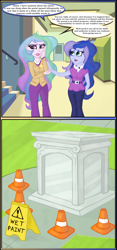 Size: 834x1785 | Tagged: safe, artist:supersheep64, princess celestia, princess luna, principal celestia, vice principal luna, equestria girls, canterlot high, caution sign, clothes, female, sign, sisters, speech bubble, traffic cone, wet paint, wet paint sign