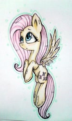 Size: 1296x2160 | Tagged: safe, fluttershy, pegasus, pony, flying, looking away, pencil drawing, solo, traditional art