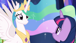 Size: 1920x1080 | Tagged: safe, screencap, princess celestia, twilight sparkle, alicorn, pony, celestial advice, happy, smiling, twilight's castle